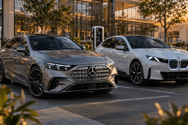 سيارتا مرسيدس C-Class الكهربائية وBMW i3 أحدث موديل متوقفتان أمام محطة شحن كهربائي في بيئة عصرية فاخرة وقت الغروب ضمن مقارنة بين أفخم سيارات السيدان الكهربائية الألمانية