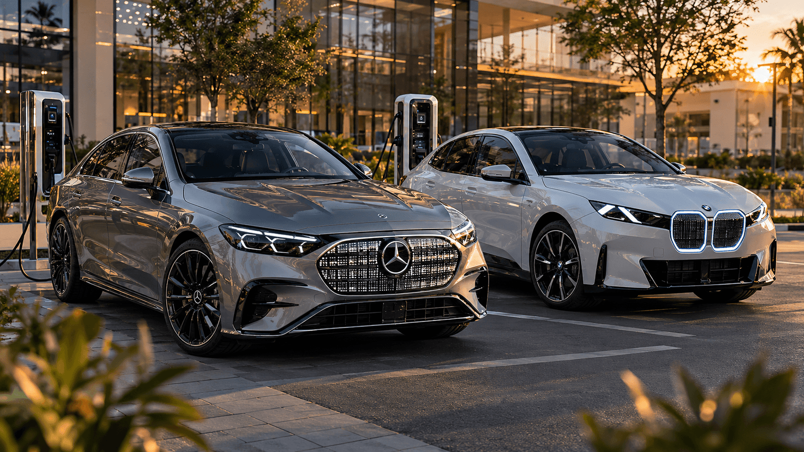 سيارتا مرسيدس C-Class الكهربائية وBMW i3 أحدث موديل متوقفتان أمام محطة شحن كهربائي في بيئة عصرية فاخرة وقت الغروب ضمن مقارنة بين أفخم سيارات السيدان الكهربائية الألمانية