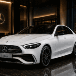 سيارة Mercedes C-Class الكهربائية باللون الأبيض داخل صالة عرض فاخرة بإضاءة سينمائية وتصميم يعكس مستقبل السيارات الكهربائية الفاخرة من مرسيدس.