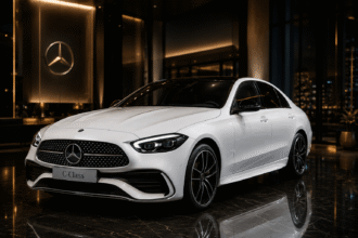 سيارة Mercedes C-Class الكهربائية باللون الأبيض داخل صالة عرض فاخرة بإضاءة سينمائية وتصميم يعكس مستقبل السيارات الكهربائية الفاخرة من مرسيدس.