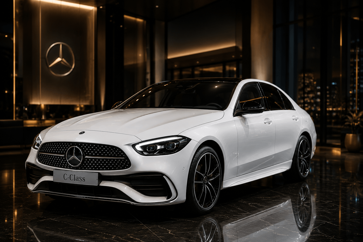 سيارة Mercedes C-Class الكهربائية باللون الأبيض داخل صالة عرض فاخرة بإضاءة سينمائية وتصميم يعكس مستقبل السيارات الكهربائية الفاخرة من مرسيدس.