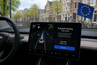 واجهة نظام القيادة الذاتية FSD داخل سيارة Tesla في أوروبا بعد التحول إلى الاشتراك الشهري بدلاً من الشراء الكامل.
