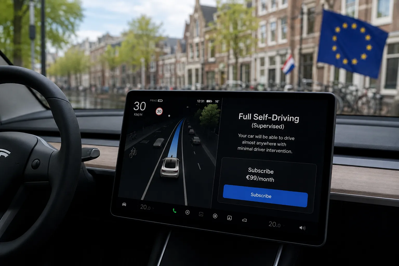 واجهة نظام القيادة الذاتية FSD داخل سيارة Tesla في أوروبا بعد التحول إلى الاشتراك الشهري بدلاً من الشراء الكامل.