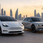 سيارتان كهربائيتان حديثتان (SUV بيضاء شبيهة بـ Tesla Model Y وكروس أوفر رمادية شبيهة بـ Hyundai Ioniq 5) متوقفتان على ممشى بحري عند غروب الشمس، مع أفق مدينة حديثة ونخيل، وإضاءة سينمائية دافئة تعكس طابعًا فاخرًا وواقعيًا.