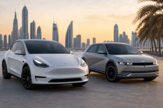 سيارتان كهربائيتان حديثتان (SUV بيضاء شبيهة بـ Tesla Model Y وكروس أوفر رمادية شبيهة بـ Hyundai Ioniq 5) متوقفتان على ممشى بحري عند غروب الشمس، مع أفق مدينة حديثة ونخيل، وإضاءة سينمائية دافئة تعكس طابعًا فاخرًا وواقعيًا.