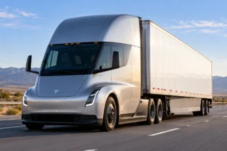 شاحنة Tesla Semi الكهربائية للنقل الثقيل من زاوية أمامية جانبية على طريق مفتوح.