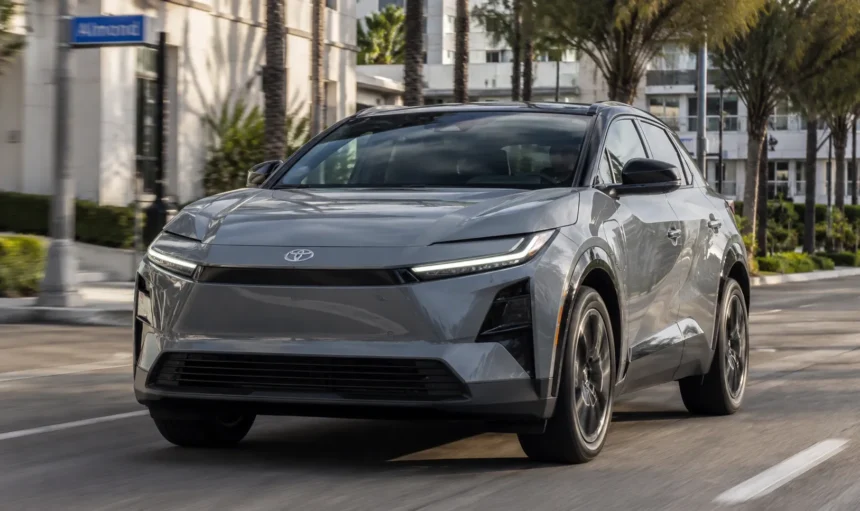 سيارة Toyota C-HR الكهربائية أثناء القيادة في شارع حضري حديث، بتصميم رياضي مدمج يعكس توجه تويوتا الجديد في السيارات الكهربائية.