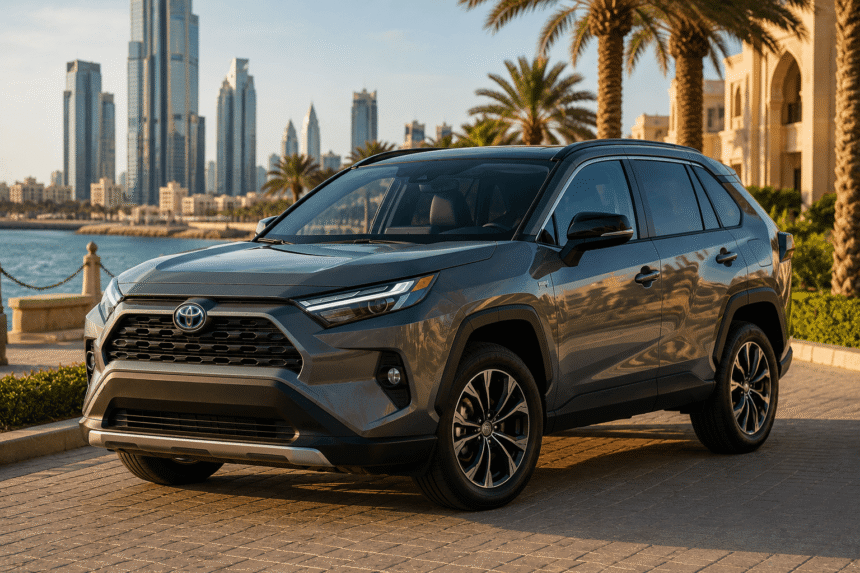 سيارة تويوتا RAV4 الهجينة باللون الرمادي في بيئة خليجية عصرية مع إطلالة بحرية وأبراج حديثة وقت الغروب