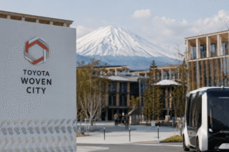 مشهد لمدينة Toyota Woven City الذكية في اليابان مع حافلة كهربائية ذاتية القيادة ومبانٍ مستقبلية حديثة أمام جبل فوجي.