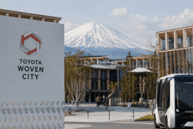 مشهد لمدينة Toyota Woven City الذكية في اليابان مع حافلة كهربائية ذاتية القيادة ومبانٍ مستقبلية حديثة أمام جبل فوجي.