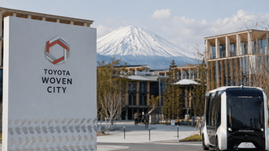 مشهد لمدينة Toyota Woven City الذكية في اليابان مع حافلة كهربائية ذاتية القيادة ومبانٍ مستقبلية حديثة أمام جبل فوجي.