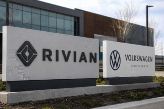 لافتات شركتي Rivian وVolkswagen أمام مبنى حديث في مشهد يعبر عن الشراكة والاستثمار في مستقبل السيارات الكهربائية.
