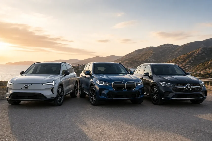 مقارنة بين سيارات Volvo EX60 وBMW iX3 وMercedes GLC الكهربائية الفاخرة في مشهد يعكس المنافسة القوية في فئة SUV الكهربائية الحديثة.