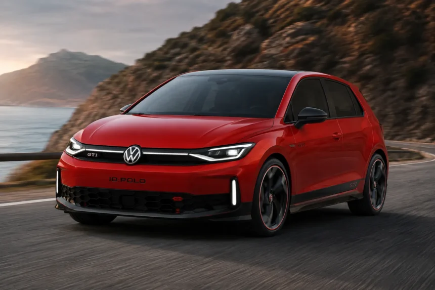 سيارة فولكس واجن GTI كهربائية حمراء بتصميم رياضي حديث تنطلق على طريق ساحلي جبلي مع أجواء سينمائية تعكس مستقبل سيارات الهاتشباك الكهربائية عالية الأداء.
