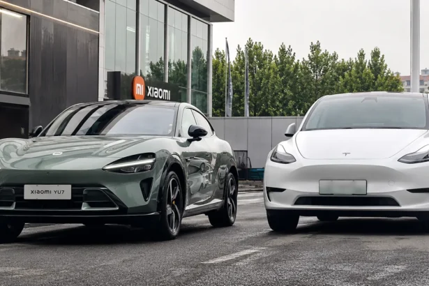 سيارة Xiaomi YU7 الكهربائية الجديدة بجانب Tesla Model Y أمام مبنى حديث في مقارنة توضح التصميم والمنافسة بين السيارتين الكهربائيتين.