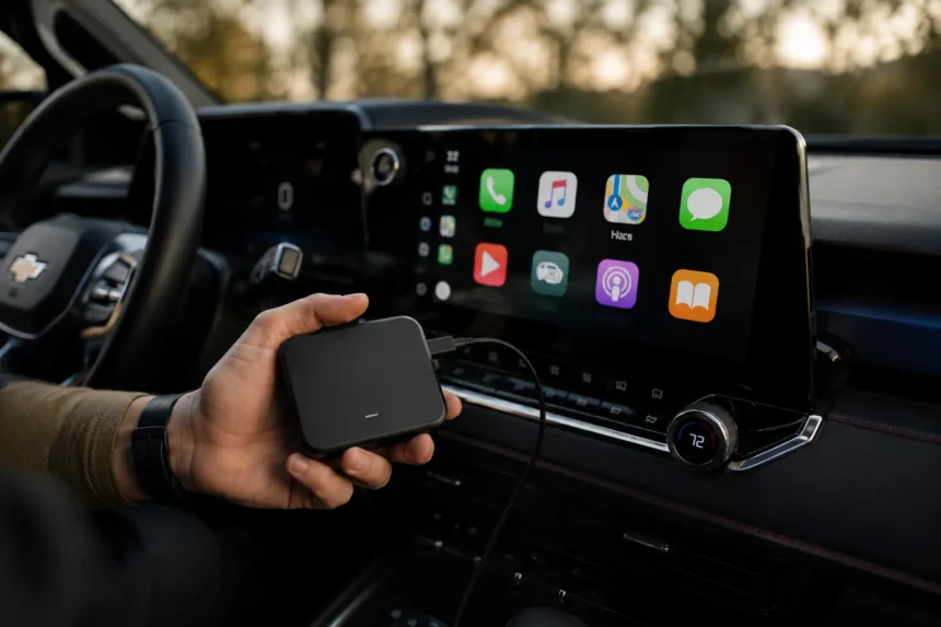 جهاز EV Play يعرض Apple CarPlay على شاشة سيارة كهربائية من جنرال موتورز، في حل يتيح استعادة دعم CarPlay وAndroid Auto داخل سيارات Chevrolet وCadillac وGMC الحديثة.