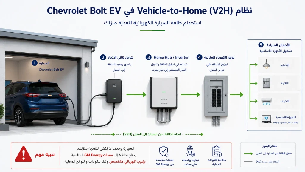 مخطط يوضح نقل الطاقة من بطارية شيفروليه بولت إلى المنزل عبر V2H