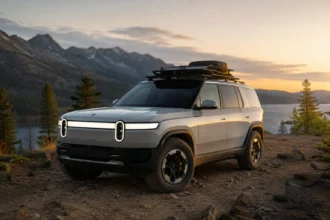سيارة ريفيان R2 الجديدة متوقفة على طريق جبلي وعر أثناء غروب الشمس، وتُظهر تصميم SUV عصري وقدرات مخصصة للمغامرات والطرق الوعرة.