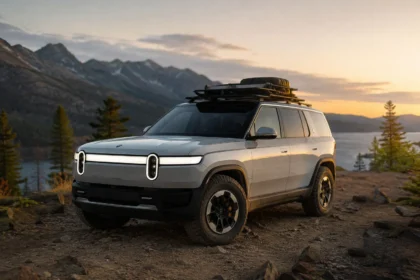 سيارة ريفيان R2 الجديدة متوقفة على طريق جبلي وعر أثناء غروب الشمس، وتُظهر تصميم SUV عصري وقدرات مخصصة للمغامرات والطرق الوعرة.