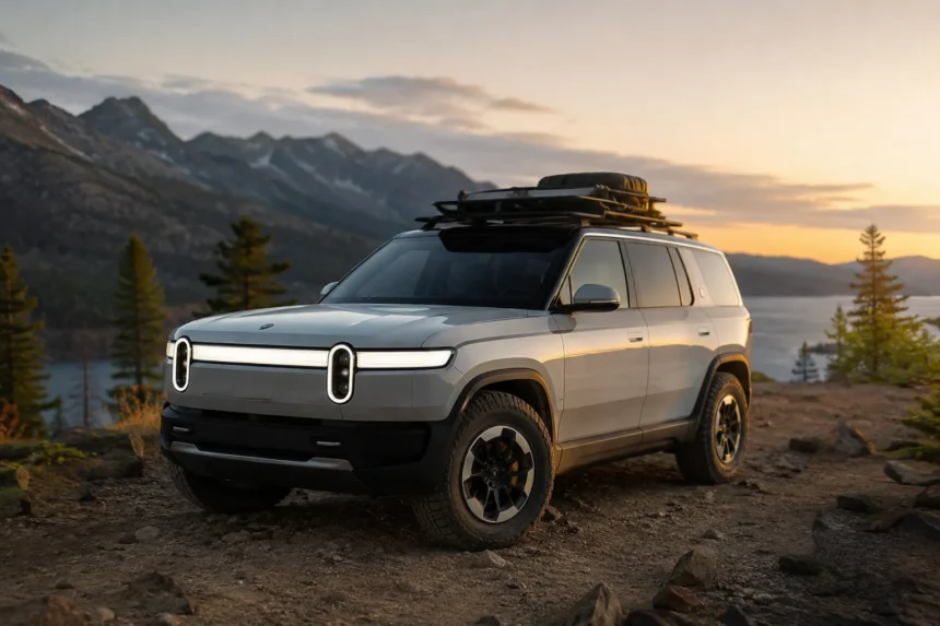 سيارة ريفيان R2 الجديدة متوقفة على طريق جبلي وعر أثناء غروب الشمس، وتُظهر تصميم SUV عصري وقدرات مخصصة للمغامرات والطرق الوعرة.