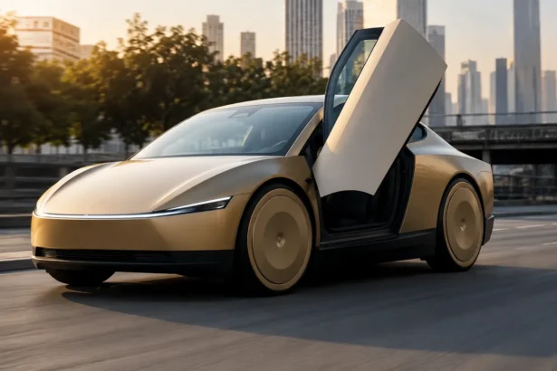 سيارة Tesla Cybercab الكهربائية أثناء السير في بيئة حضرية حديثة تُبرز التصميم الانسيابي والوزن الخفيف والكفاءة العالية.