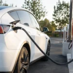 سيارة Tesla Model Y أثناء الشحن في محطة شحن سريع، في مشهد يعكس اختبار صحة البطارية وتأثير الشحن السريع على أداء السيارات الكهربائية.