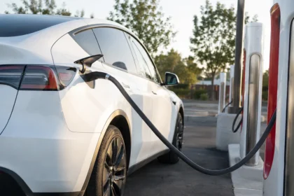 سيارة Tesla Model Y أثناء الشحن في محطة شحن سريع، في مشهد يعكس اختبار صحة البطارية وتأثير الشحن السريع على أداء السيارات الكهربائية.