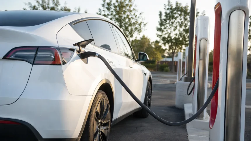 سيارة Tesla Model Y أثناء الشحن في محطة شحن سريع، في مشهد يعكس اختبار صحة البطارية وتأثير الشحن السريع على أداء السيارات الكهربائية.