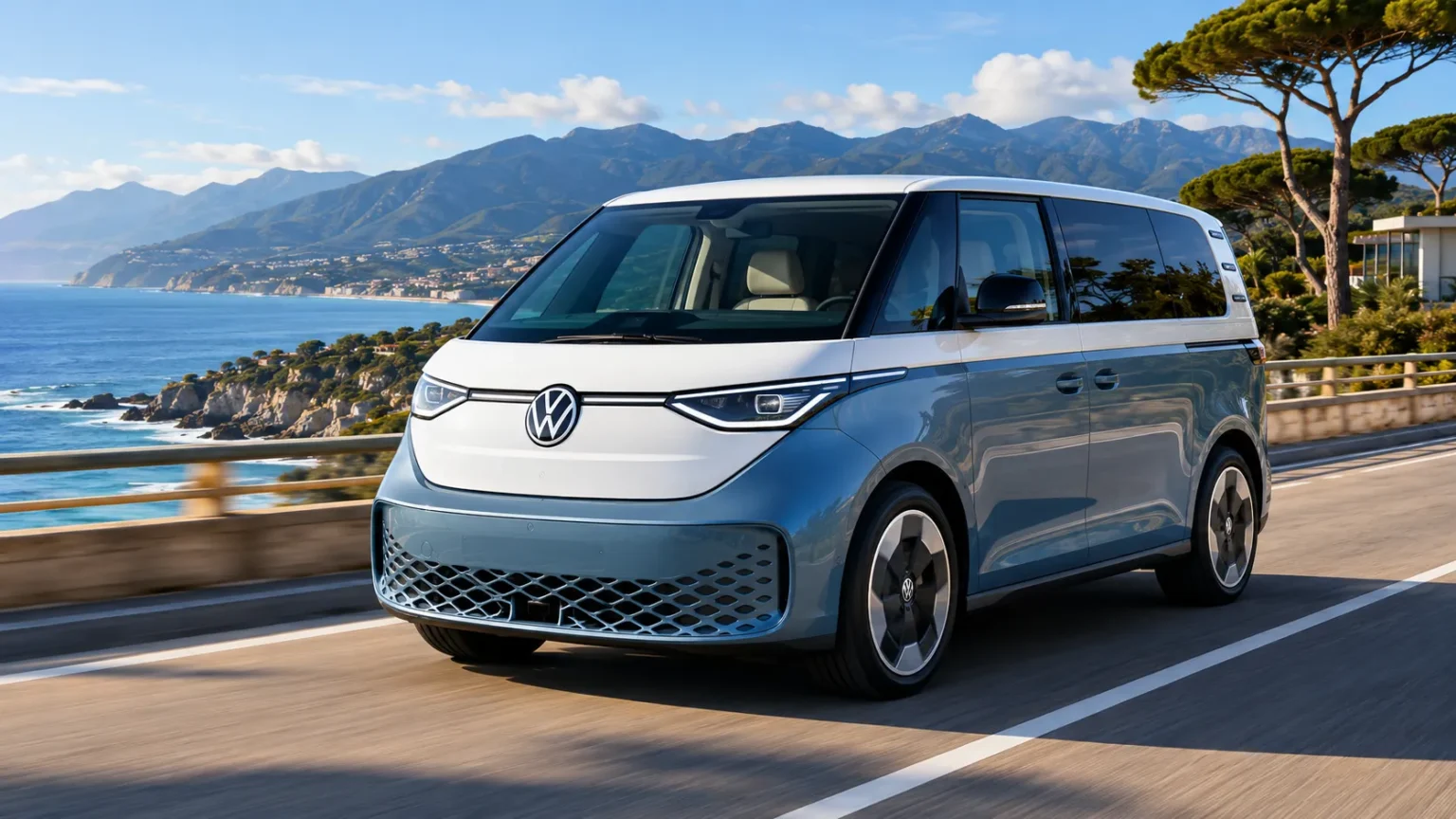 سيارة Volkswagen ID.Buzz الكهربائية أثناء القيادة على طريق ساحلي، بتصميم مستوحى من الحافلة الكلاسيكية ومساحة عائلية واسعة وتقنيات كهربائية حديثة.