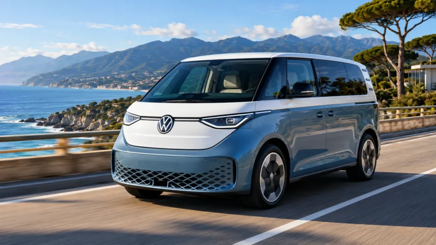 سيارة Volkswagen ID.Buzz الكهربائية أثناء القيادة على طريق ساحلي، بتصميم مستوحى من الحافلة الكلاسيكية ومساحة عائلية واسعة وتقنيات كهربائية حديثة.