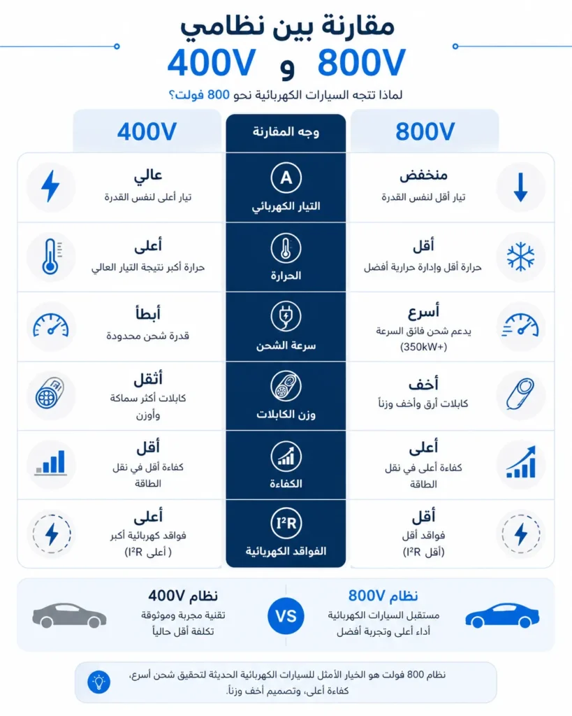 مقارنة بين معمارية 400 فولت و800 فولت في السيارات الكهربائية من حيث الجهد والتيار وسرعة الشحن والكفاءة.