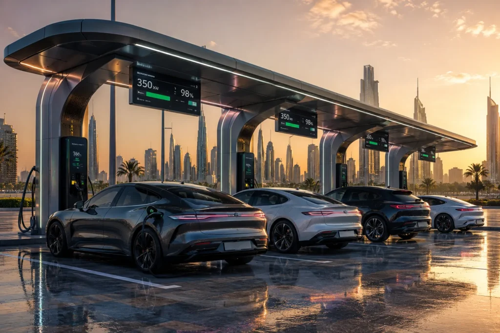 سيارات كهربائية حديثة أمام محطات شحن فائق السرعة تمثل مستقبل معمارية 800 فولت.