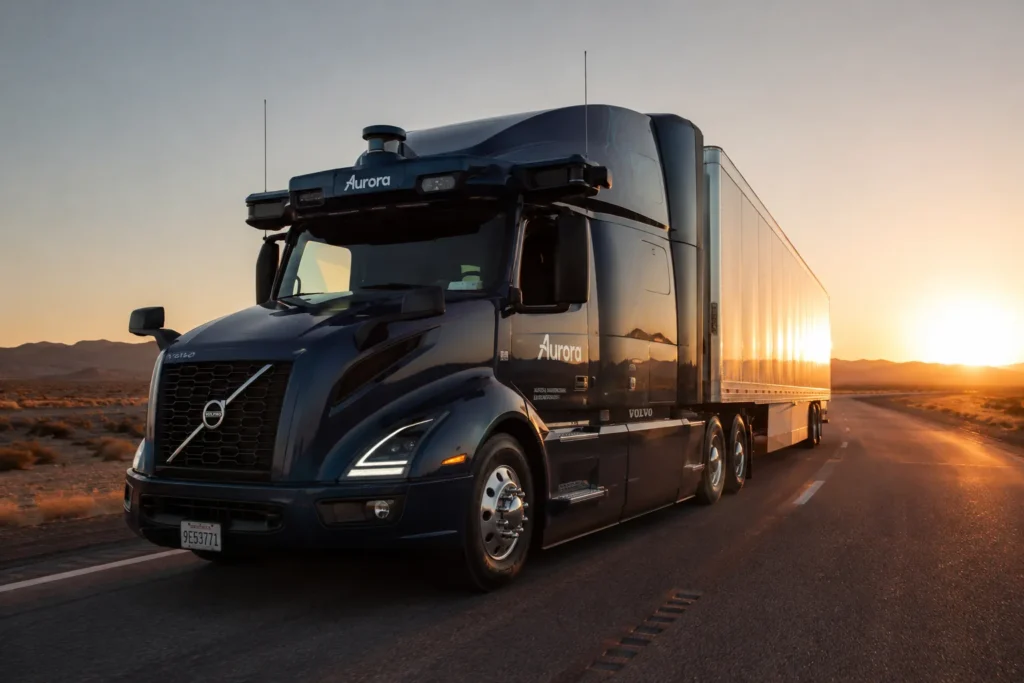 شاحنة Volvo VNL مزودة بمنصة Aurora Driver 2 أثناء القيادة على طريق سريع.