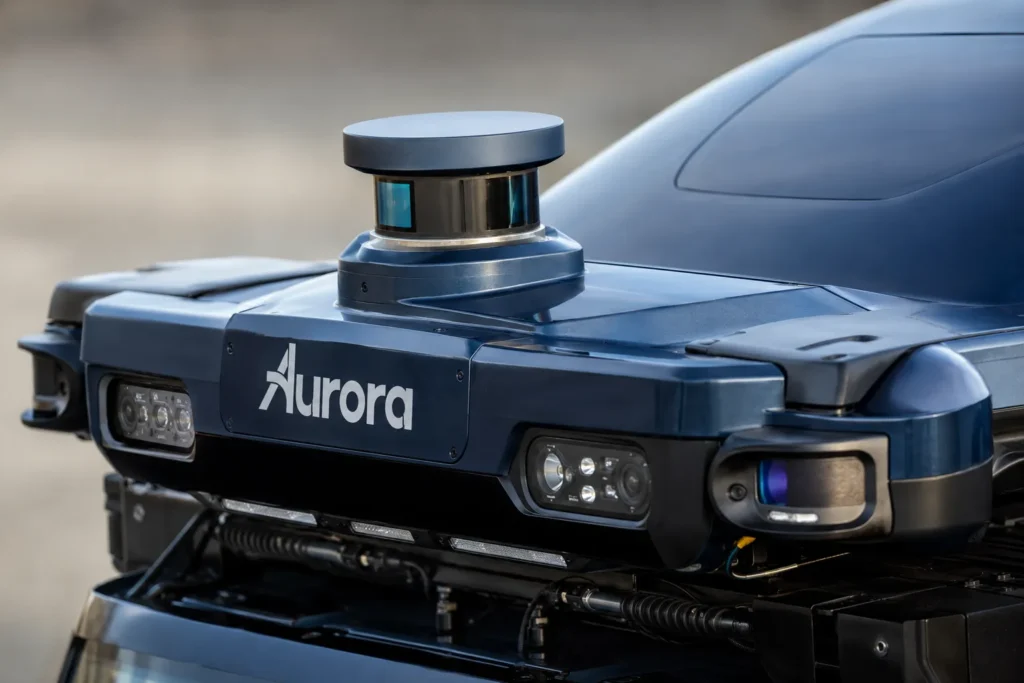 منصة Aurora Driver 2 مع مستشعرات LiDAR والكاميرات المثبتة أعلى مقصورة الشاحنة.