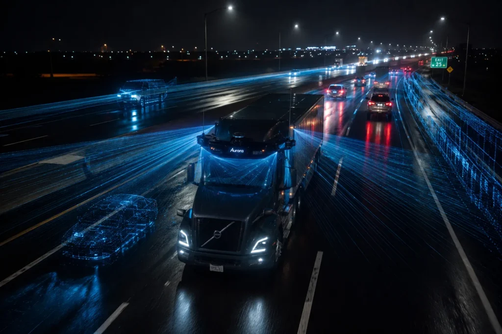 مستشعر LiDAR في Aurora Driver 2 يرصد الطريق والعوائق لمسافات بعيدة أثناء القيادة الليلية.