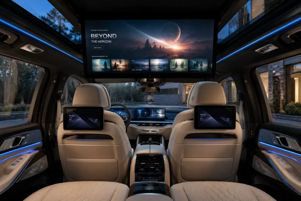 شاشة BMW Theatre Screen بدقة 8K داخل المقصورة الخلفية لسيارة BMW iX5 الجديدة.