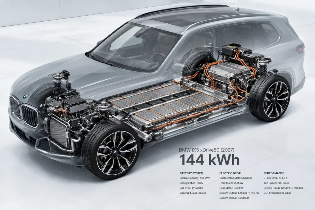 بطارية BMW iX5 الجديدة بقدرة 144 كيلوواط ساعة مع نظام دفع كهربائي وبنية 800 فولت.