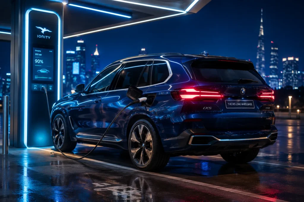 سيارة BMW iX5 الجديدة أثناء الشحن في محطة شحن سريع DC بقدرة عالية.