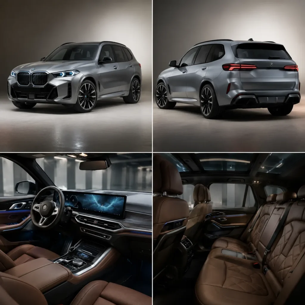التصميم الخارجي والداخلي لسيارة BMW iX5 الهيدروجينية مع إبراز المقصورة الفاخرة والواجهة الأمامية.