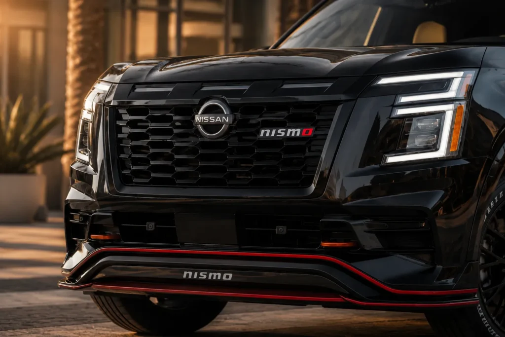 الواجهة الأمامية لسيارة نيسان أرمادا نيسمو مع الشبك الرياضي الكبير والمصد ولمسات Nismo الحمراء.