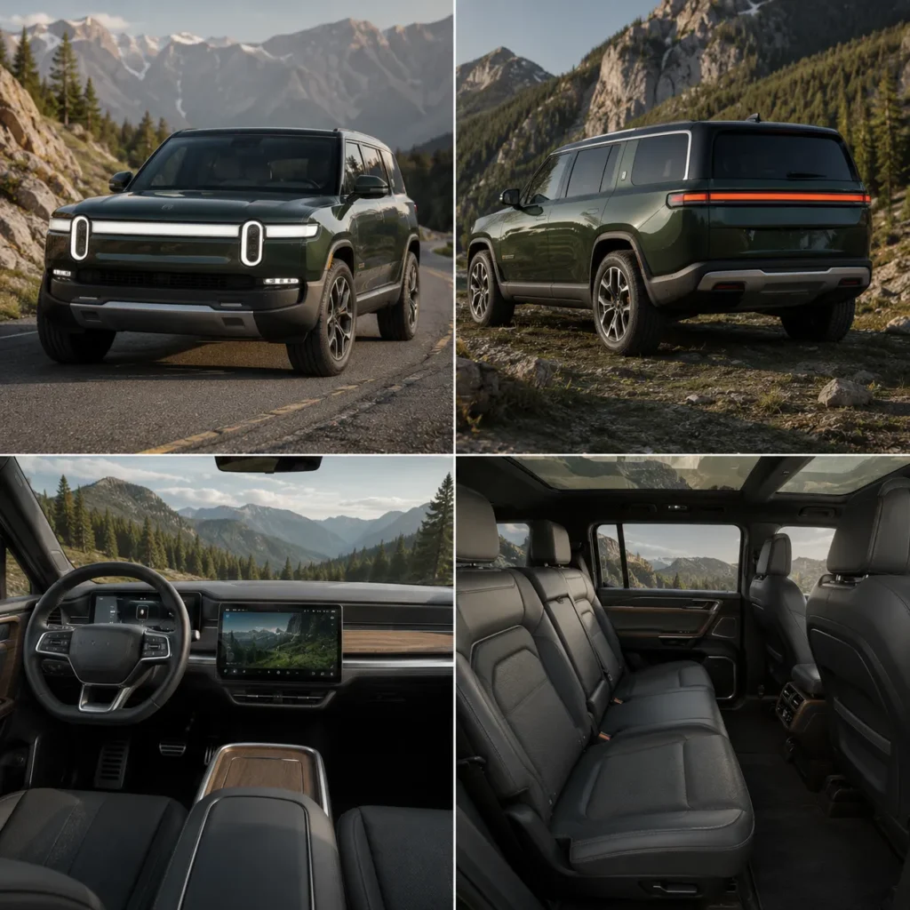 التصميم الخارجي والداخلي لسيارة Rivian R1S مع المقصورة الواسعة وقدراتها المخصصة للطرق الوعرة.