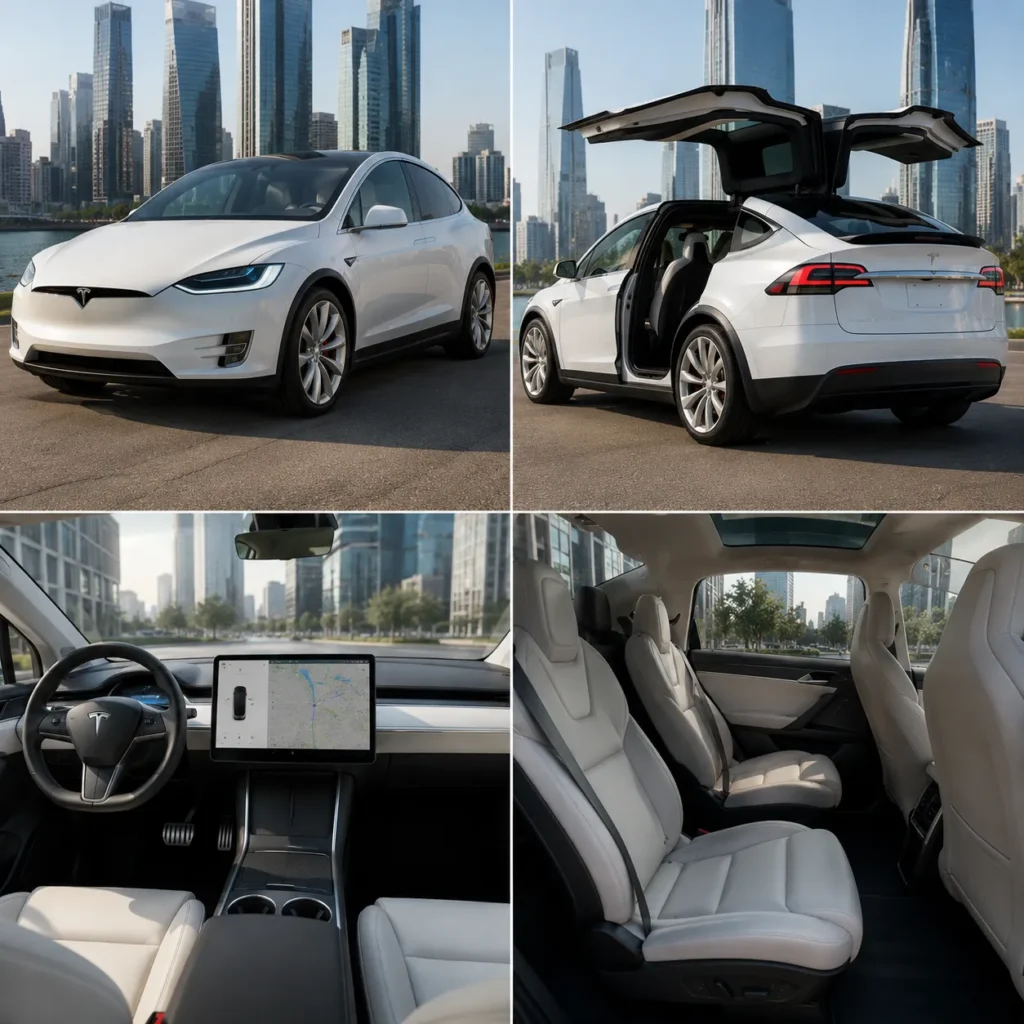 التصميم الخارجي والداخلي لسيارة Tesla Model X مع المقصورة الرقمية وأبواب Falcon Wing المميزة.