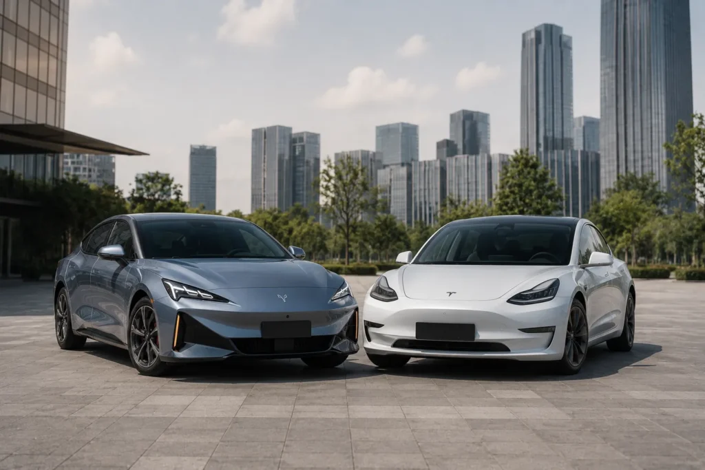 مقارنة بصرية بين Arcfox Alpha S5 وTesla Model 3 من زاوية أمامية ثلاثية.