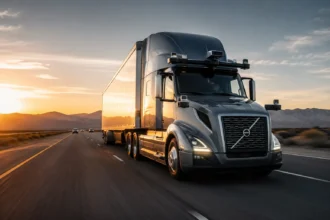 شاحنة مزودة بمنصة Aurora Driver 2 للقيادة الذاتية تسير على طريق سريع خلال اختبار تقنيات النقل الذكي.