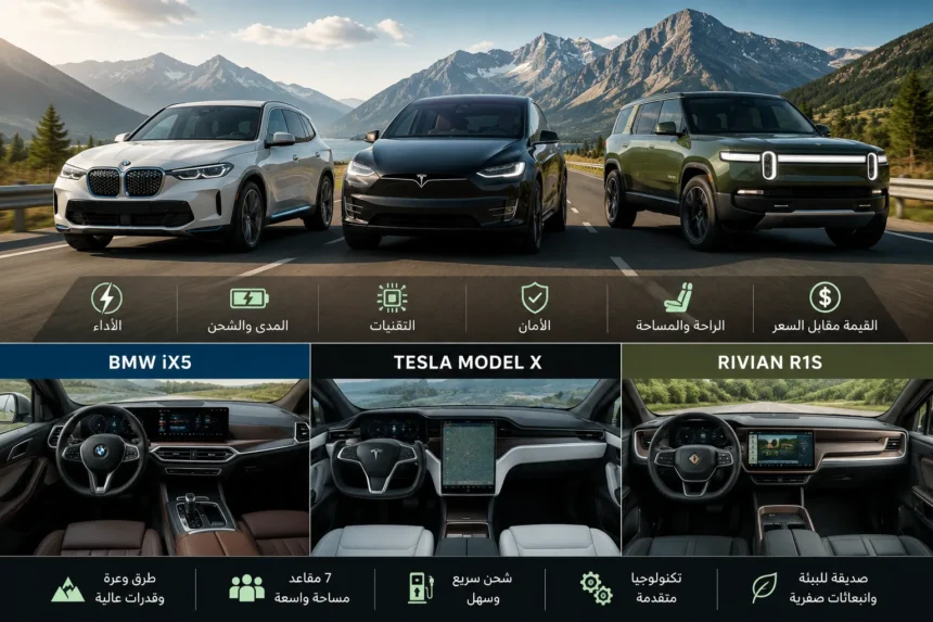 مقارنة بين BMW iX5 وTesla Model X وRivian R1S من حيث التصميم والأداء والتقنيات في فئة سيارات SUV الكهربائية الفاخرة.