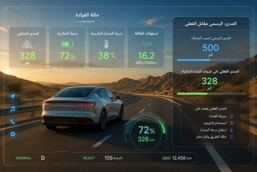شاشة عدادات سيارة كهربائية تعرض مدى القيادة المتبقي واستهلاك الطاقة أثناء القيادة