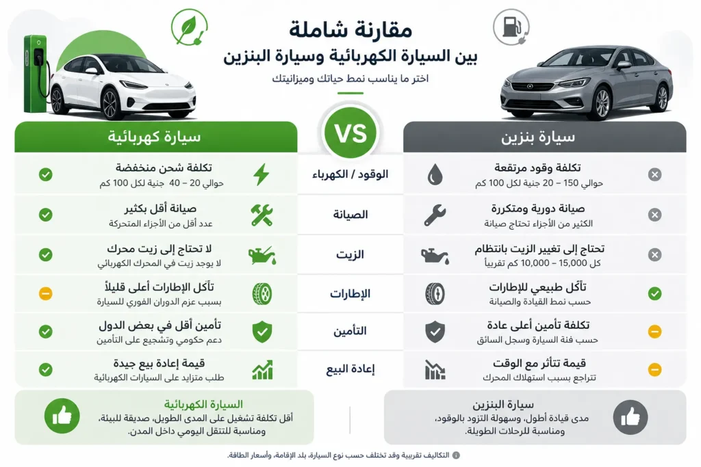 إنفوجرافيك يقارن تكلفة امتلاك سيارة كهربائية مع سيارة تعمل بالبنزين من حيث الطاقة والصيانة والتشغيل