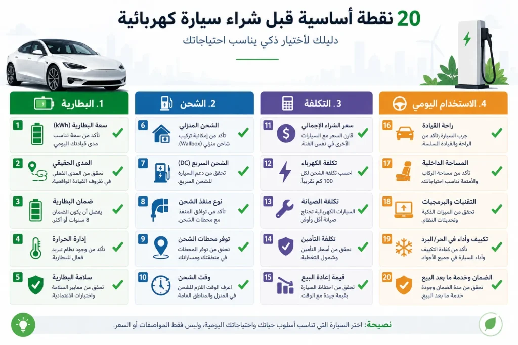 قائمة تحقق تضم أهم 20 سؤالًا يجب طرحها قبل شراء سيارة كهربائية