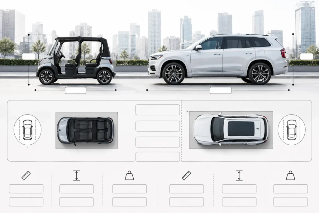 مقارنة حجم سيارة Chip Motors الكهربائية مع سيارة SUV كبيرة لإظهار فرق المساحة