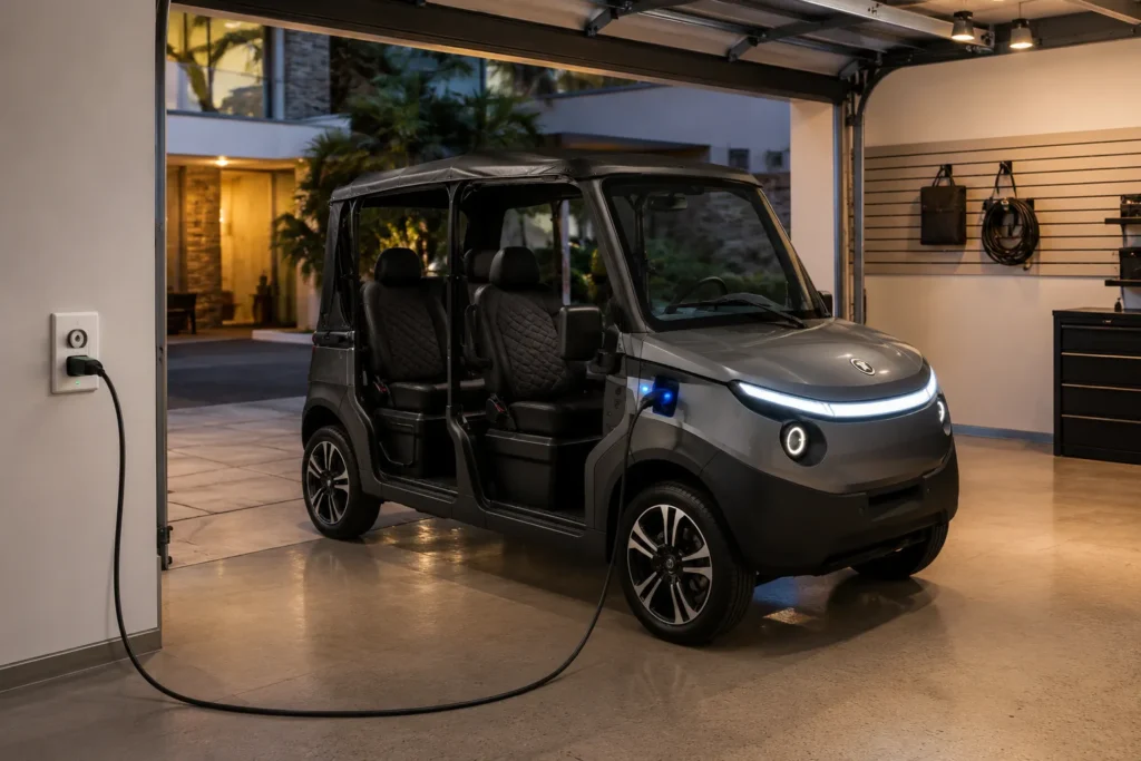 شحن سيارة Chip Motors الكهربائية من مقبس كهربائي منزلي داخل مرآب حديث